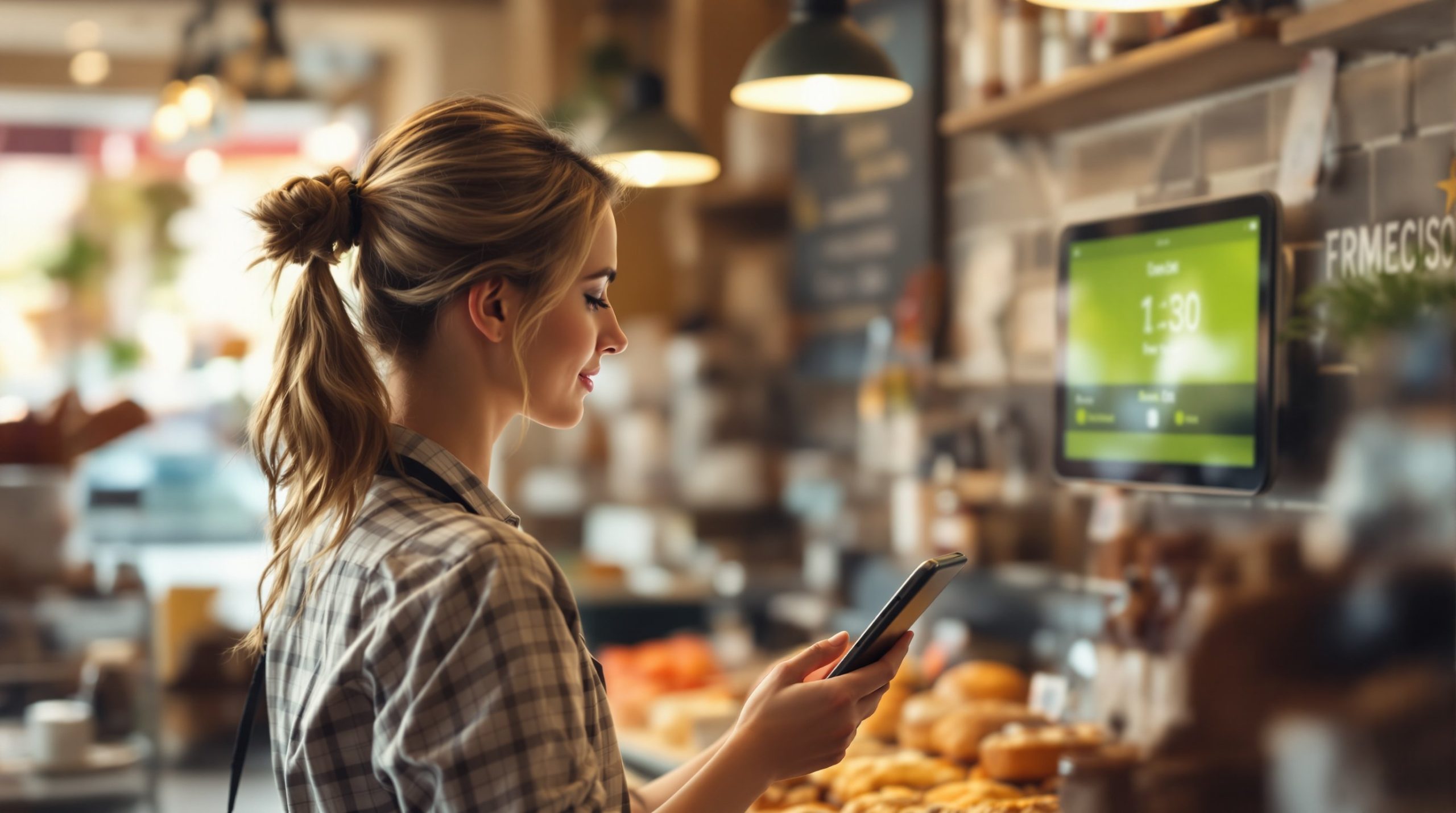 Salariée d'un commerce de proximité pointant son arrivée sur une tablette de gestion du temps