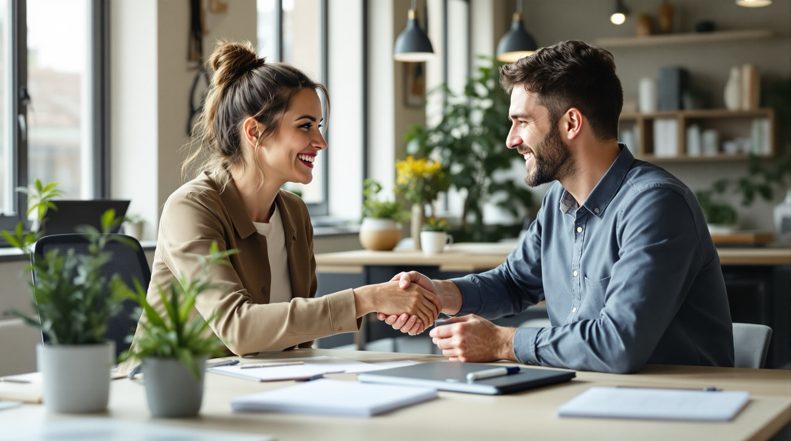 Une responsable RH accueille un nouveau collaborateur lors de son premier jour dans une PME