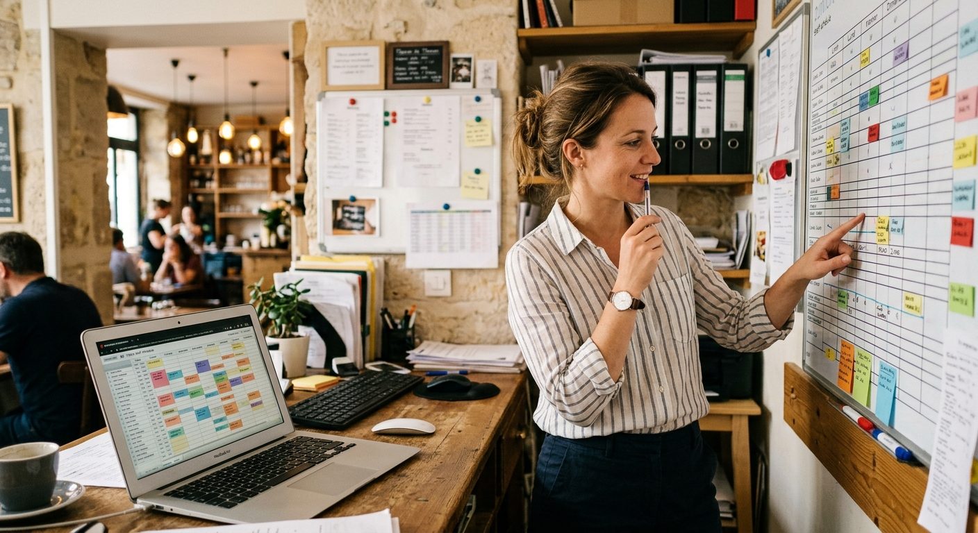 Responsable de TPE consultant un planning d'équipe hebdomadaire sur ordinateur