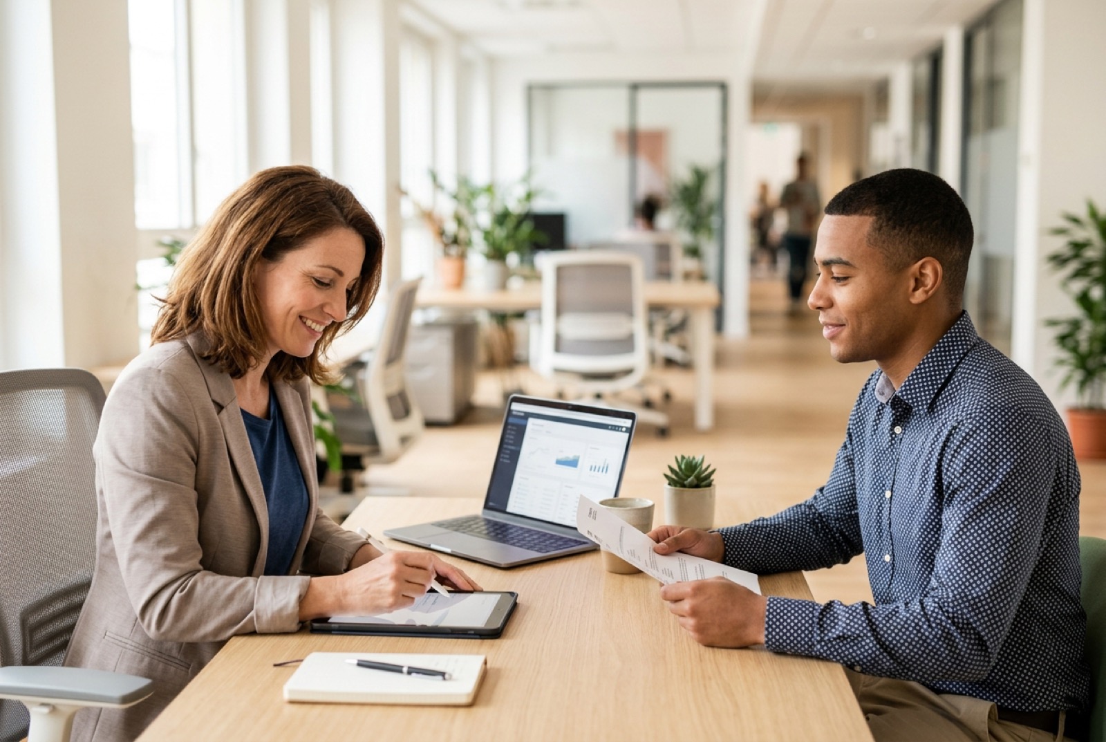 Entretien de recrutement dans une PME, responsable et candidat face à un ordinateur portable