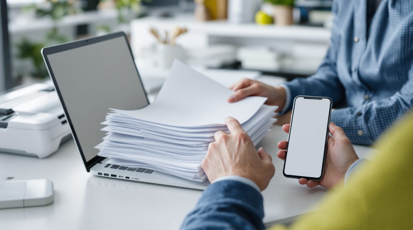 Dirigeant de TPE numerisant des bulletins de paie et documents RH papier vers un coffre-fort numerique