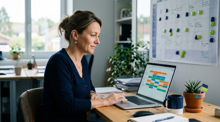 Responsable de PME consultant un calendrier des congés de son équipe sur ordinateur portable