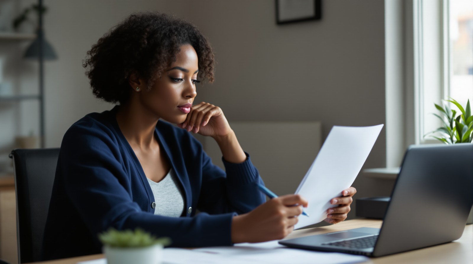Dirigeante de TPE comparant des documents de paie, ordinateur portable fermé sur le bureau