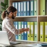 Dirigeant de PME classant des classeurs RH par couleur sur une étagère de bureau