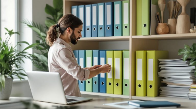 Dirigeant de PME classant des classeurs RH par couleur sur une étagère de bureau