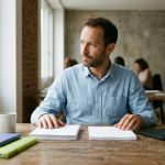 Dirigeant de TPE/PME comparant deux jeux de documents RH et paie sur son bureau