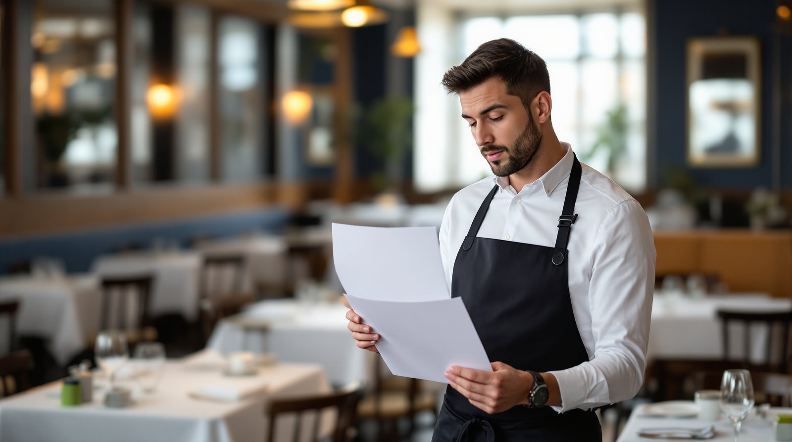 Manager de restaurant consultant un planning en salle avant le service