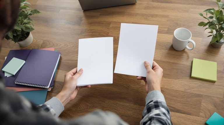 Dirigeante de TPE comparant deux offres de logiciel de paie, feuilles vierges