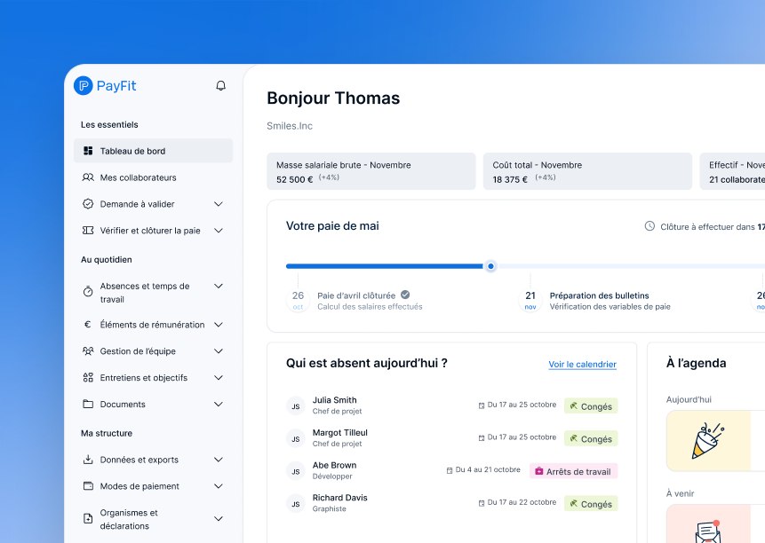 Capture du tableau de bord PayFit (paie, congés, effectif)