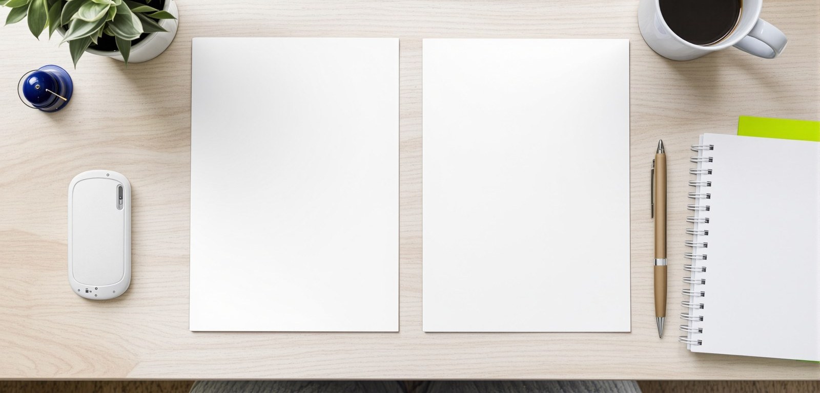 Bureau vu du dessus avec deux feuilles blanches, un carnet et une plante, pour illustrer les entretiens annuels