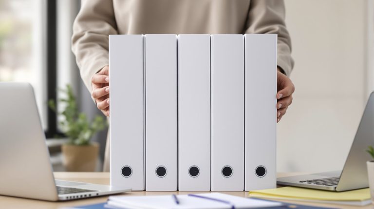 Dirigeante de TPE/PME alignant des classeurs représentant les étapes du processus de gestion de la paie