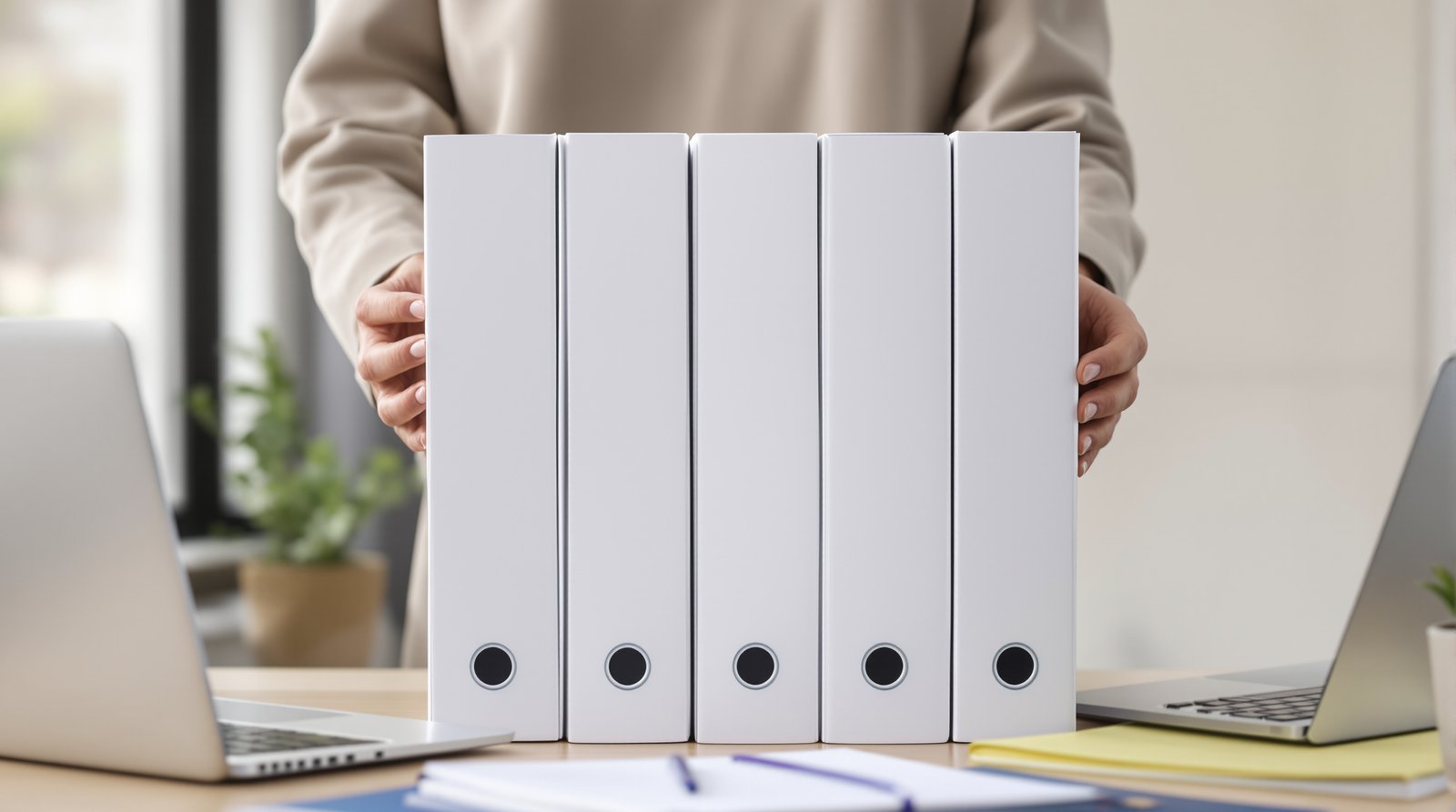 Dirigeante de TPE/PME alignant des classeurs représentant les étapes du processus de gestion de la paie