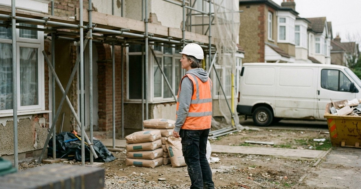 Cheffe de chantier en gilet et casque devant une maison en rénovation, échafaudage et sacs de ciment au premier plan